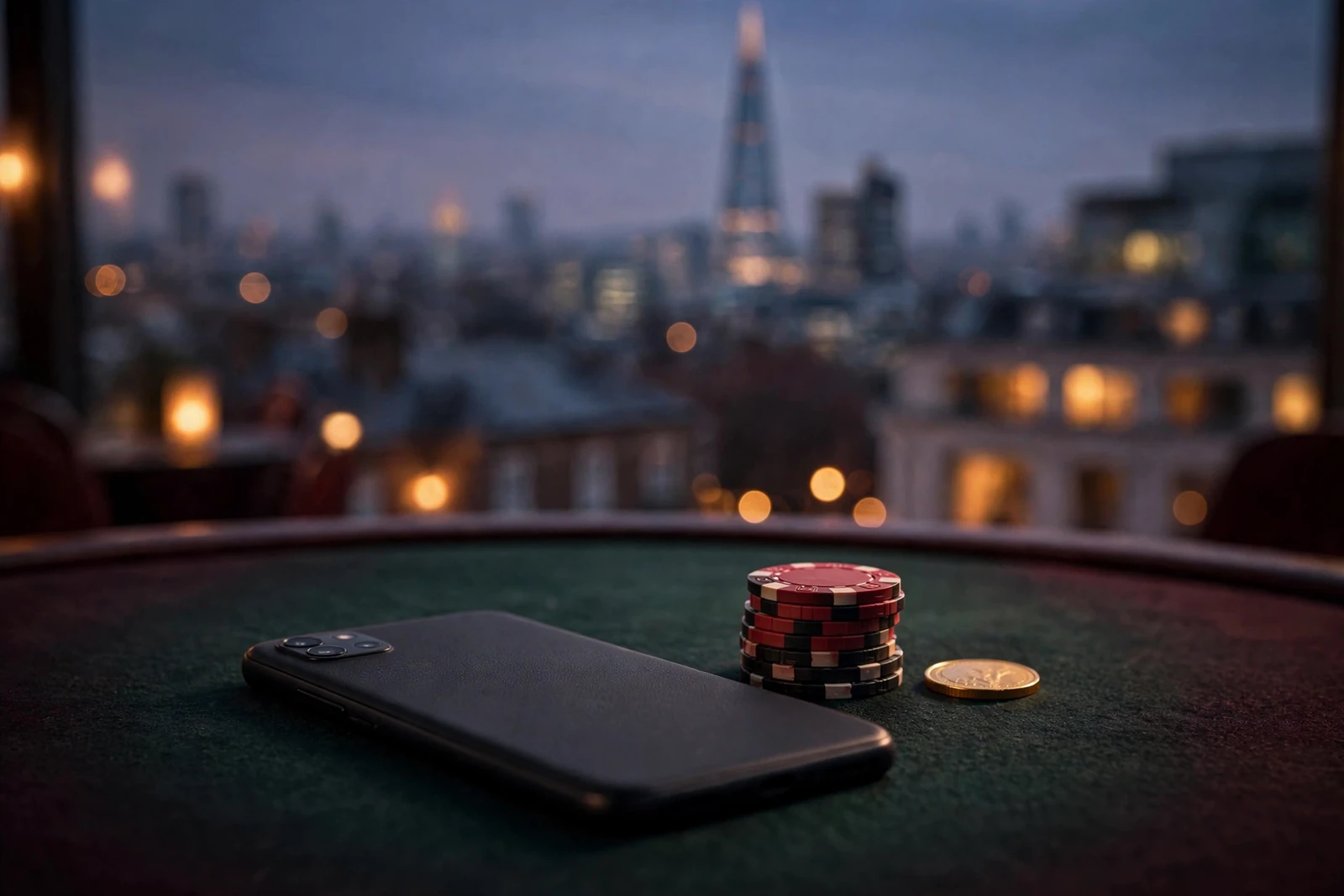 Android smartphone on a casino table with chips, London skyline in background