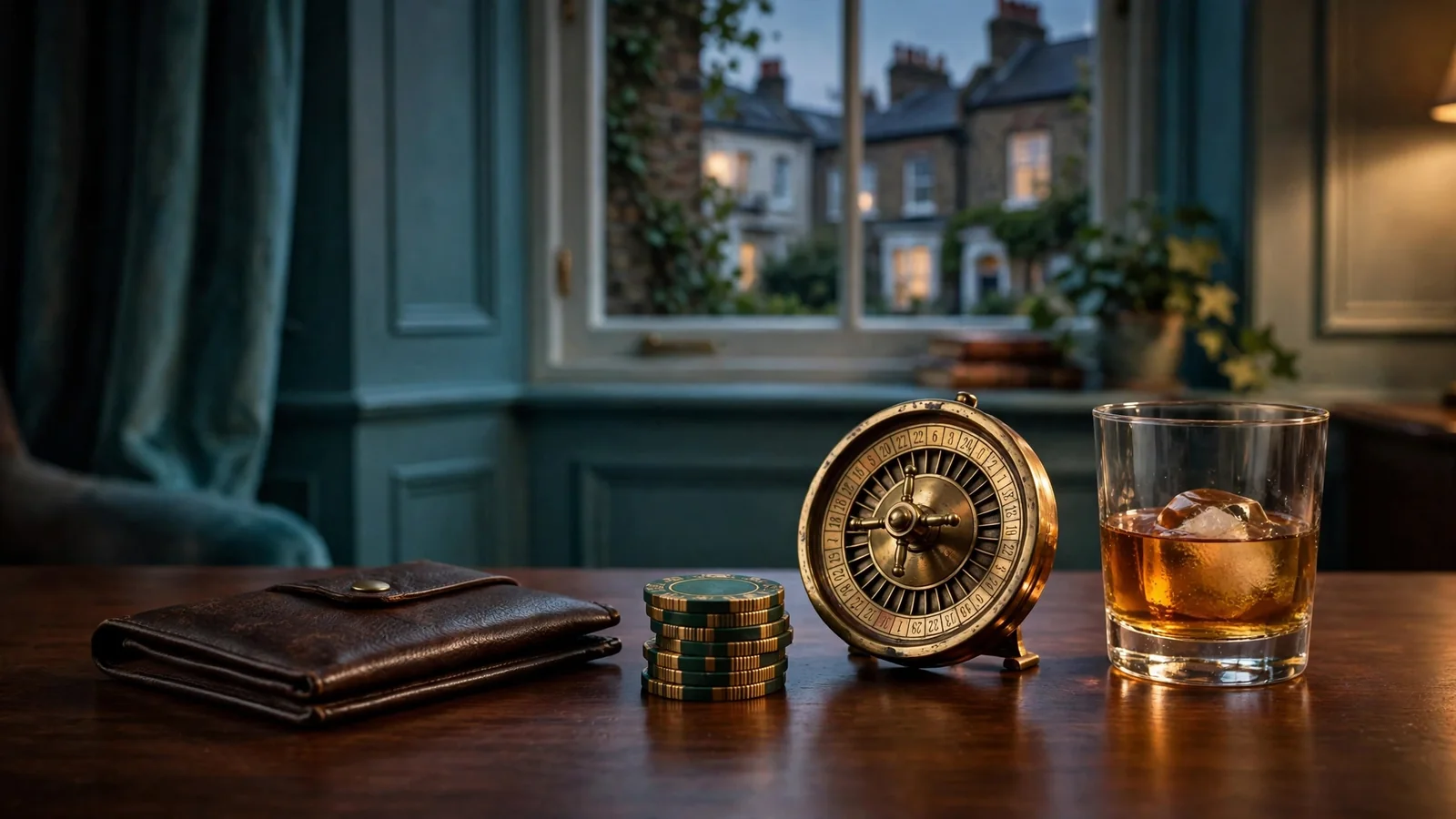 Casino chips, closed card holder, and brass roulette ornament on a dark desk in a British setting.