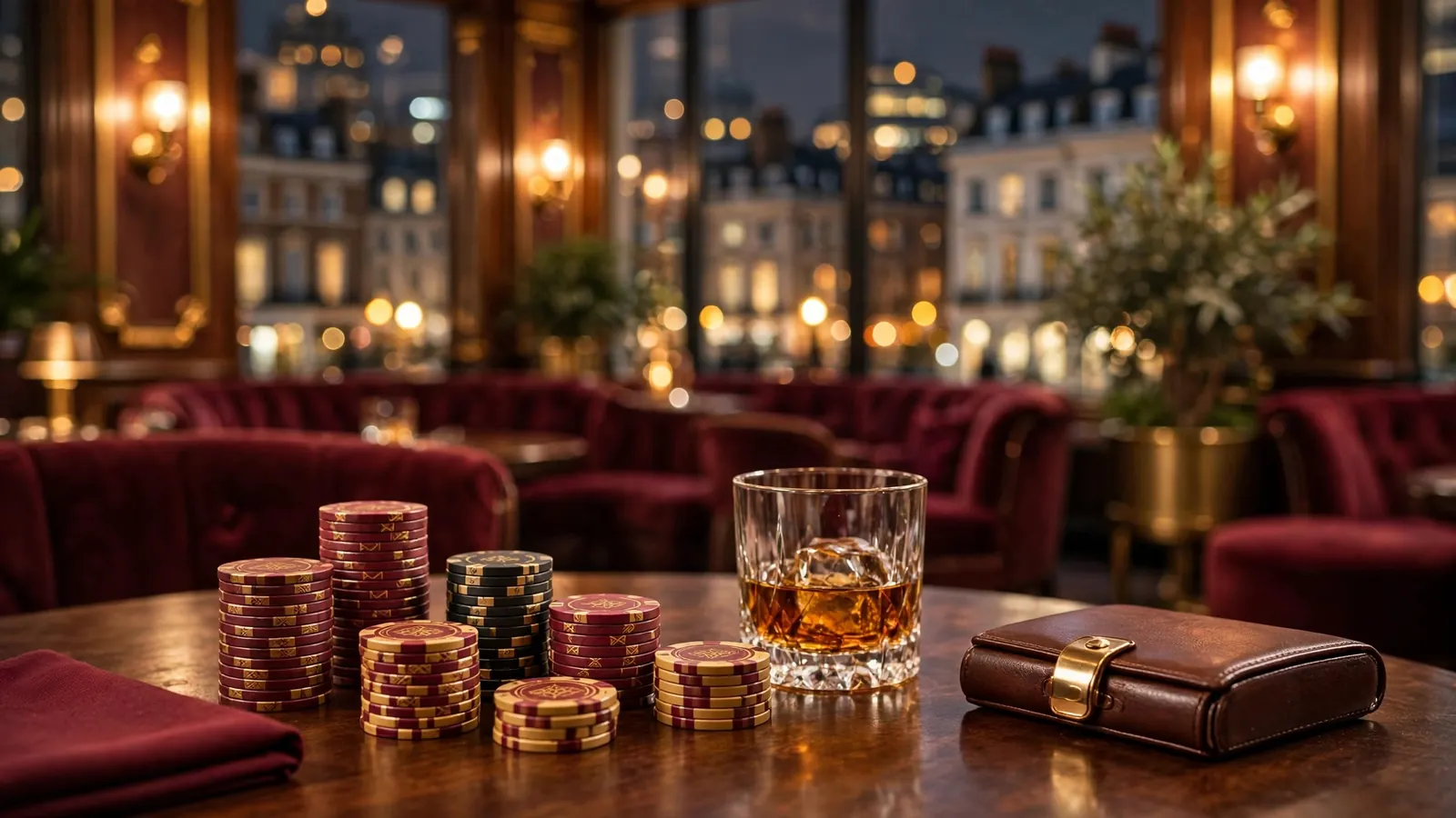 Elegant London casino lounge with chips, whiskey and warm ambient lighting