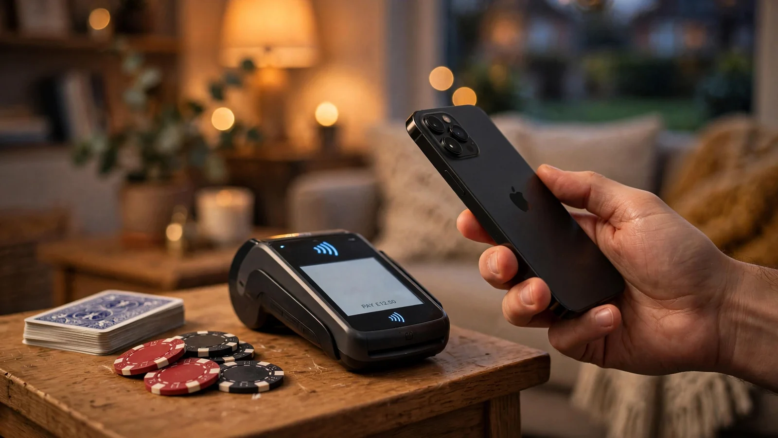 Hand holding iPhone for Apple Pay contactless payment beside casino chips and cards