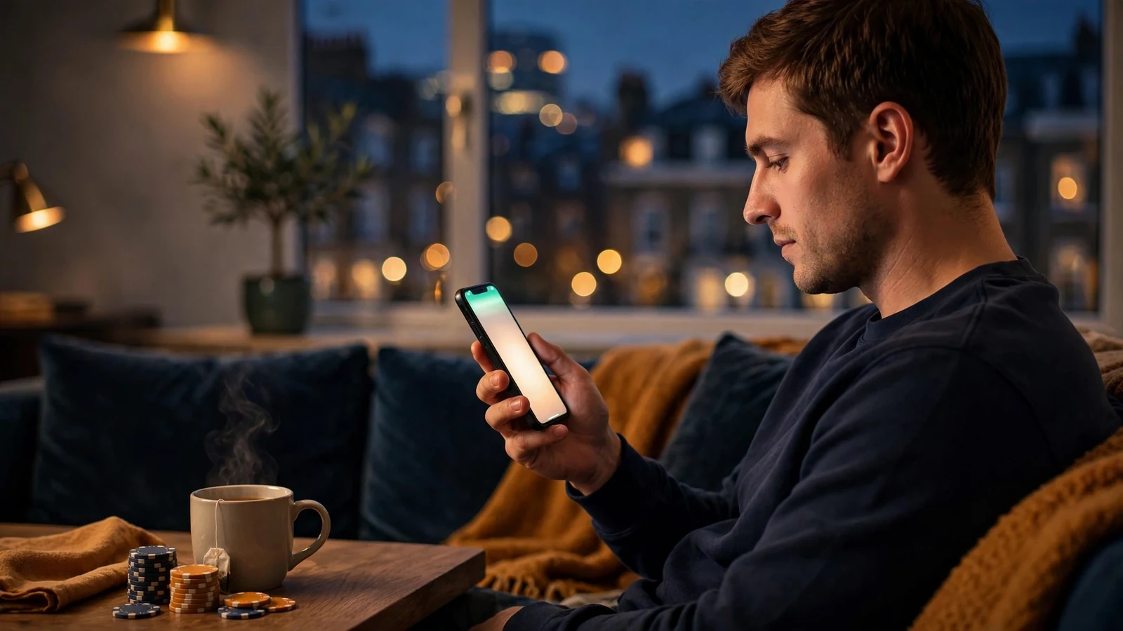 Person making a mobile phone payment in a cozy UK apartment with poker chips nearby