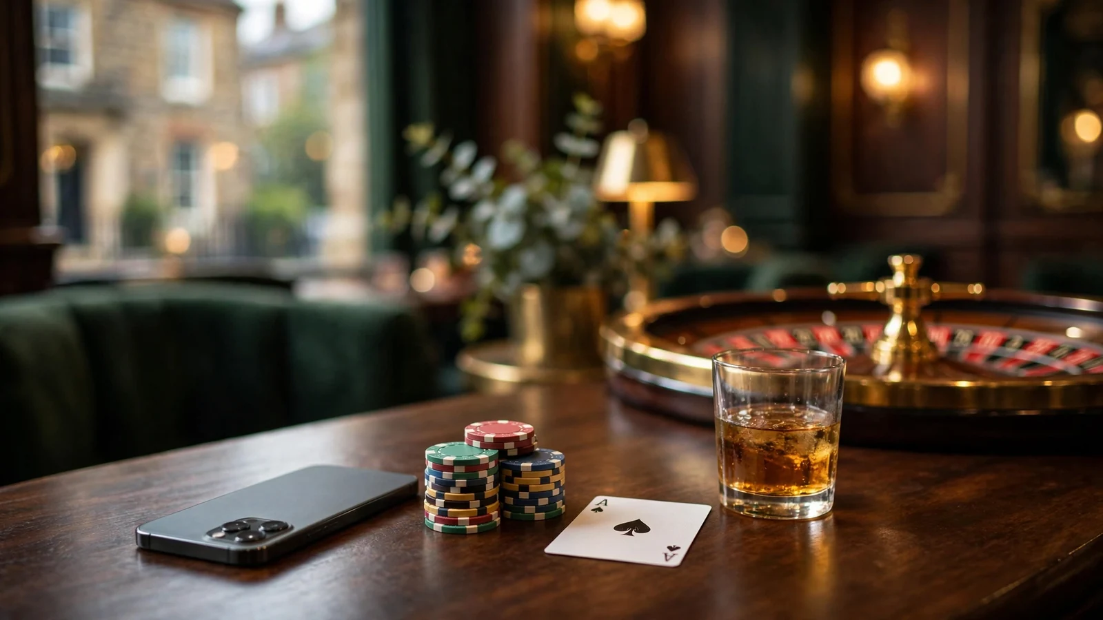 Casino chips, playing card, roulette wheel, and face-down phone on an elegant dark table.