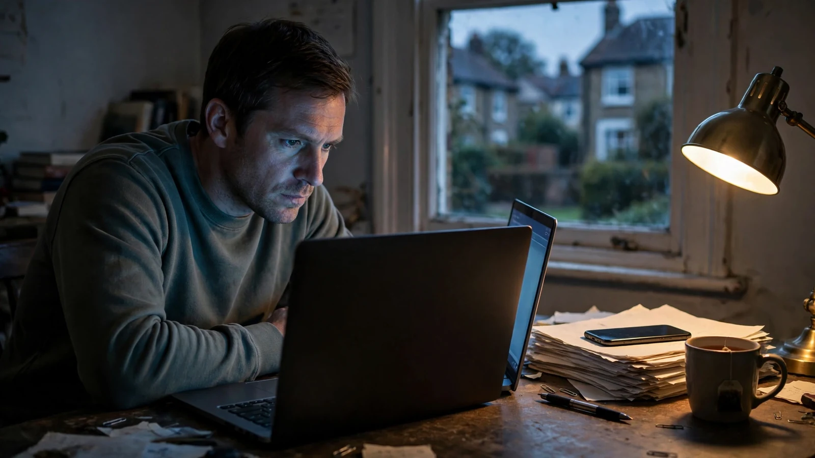 Person checking payment options on a laptop in a UK home office at dusk