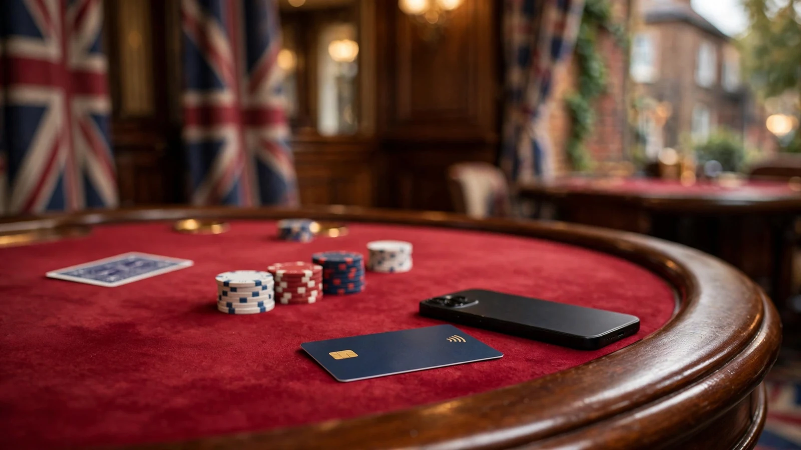 Casino table with chips, a face-down card, and a face-down smartphone next to a contactless payment card