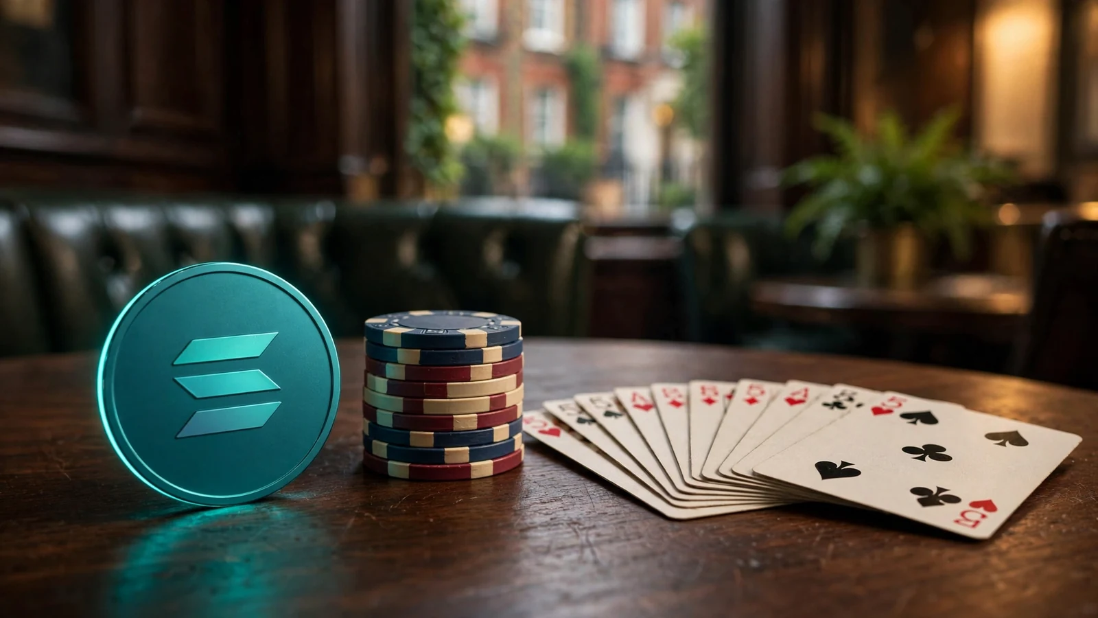 Solana coin with poker chips and cards on a wooden table, British private club atmosphere.