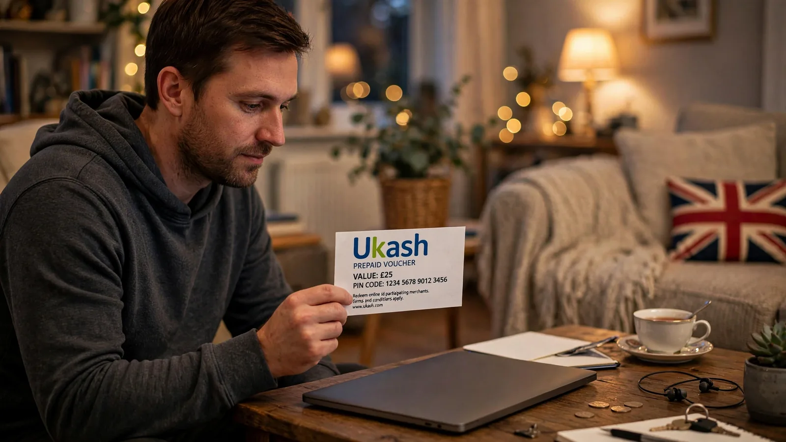 UK player holding a UKash voucher near a laptop at home