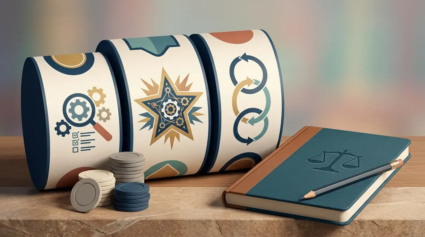 Editorial illustration of slot reels and jackpot symbols with responsible play context